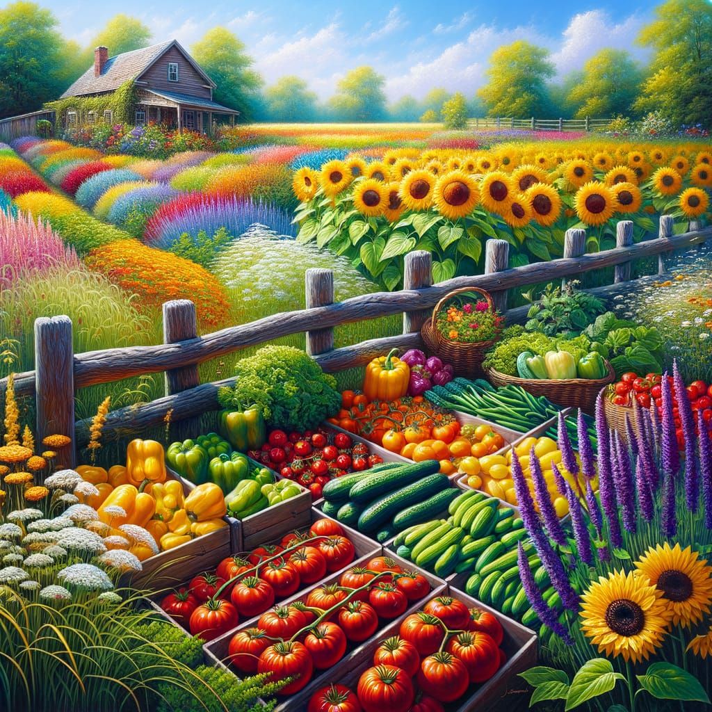 Bountiful Homestead Garden in Oil Painting Style