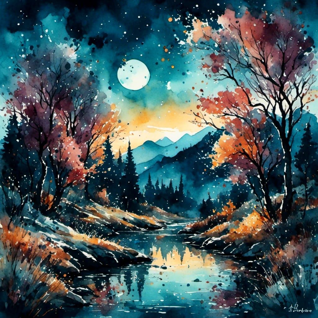 Watercolor Night Landscape in Soft Style