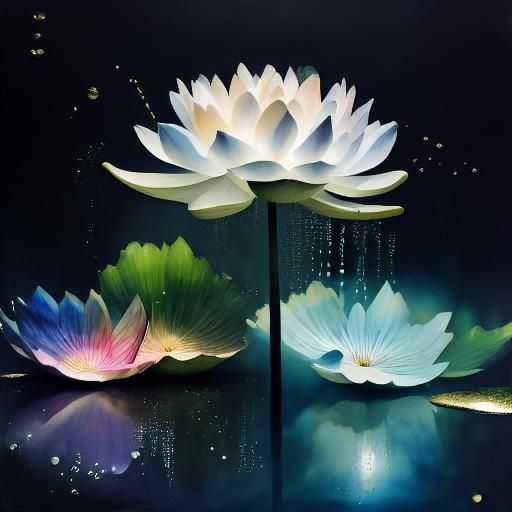 Glittering Crystal Water Lily with Bioluminescent Galaxy