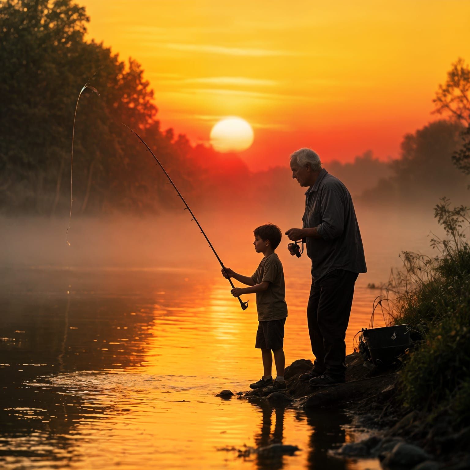 Grandfather and Grandson fishing