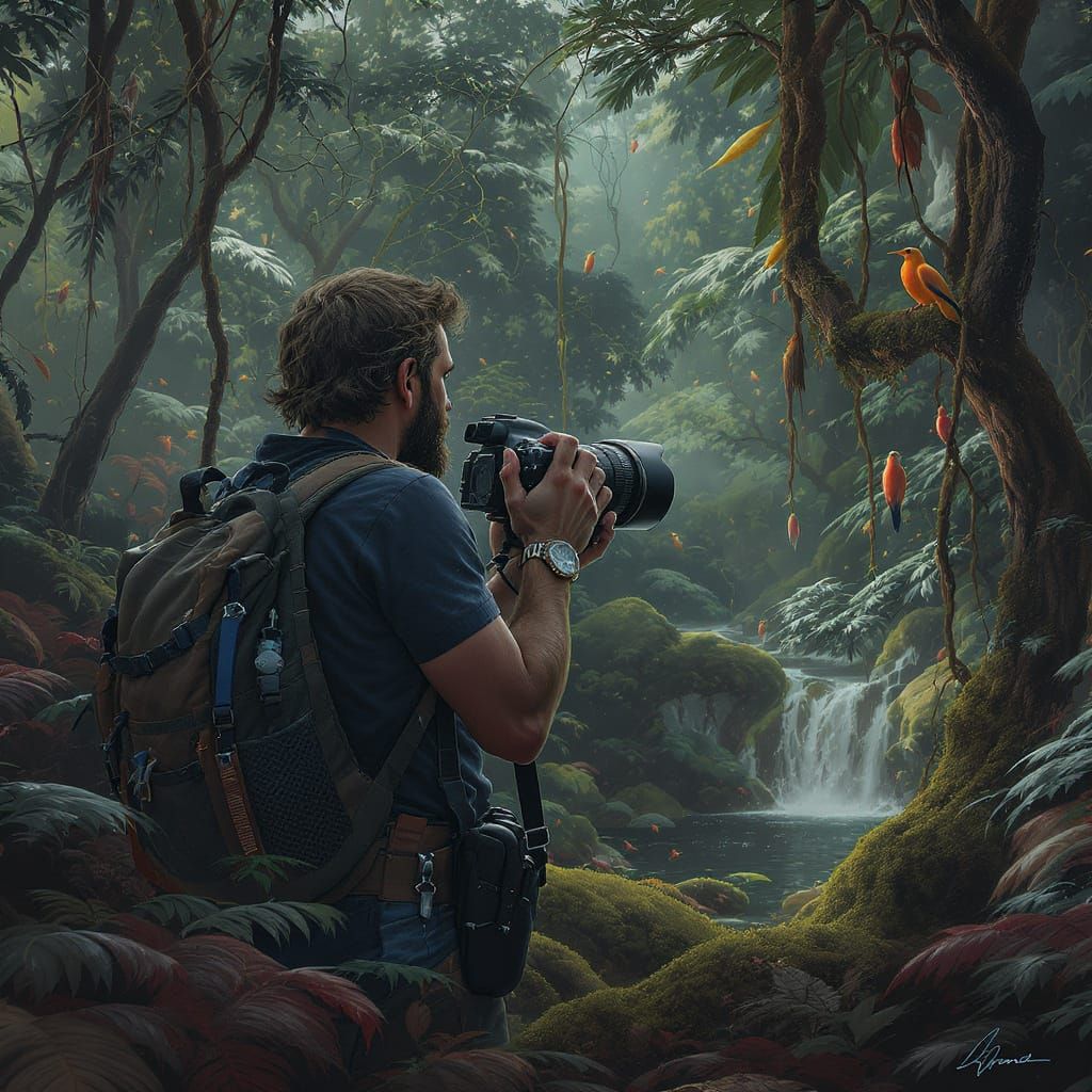 Wildlife Photographer in Lush Forest: Digital Painting