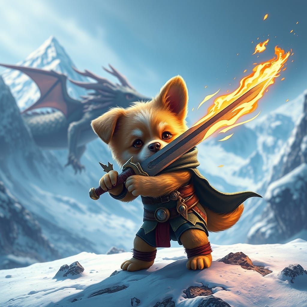 Sword-Wielding Puppy Battles Dragon in Snowy Fantasy Landsca...