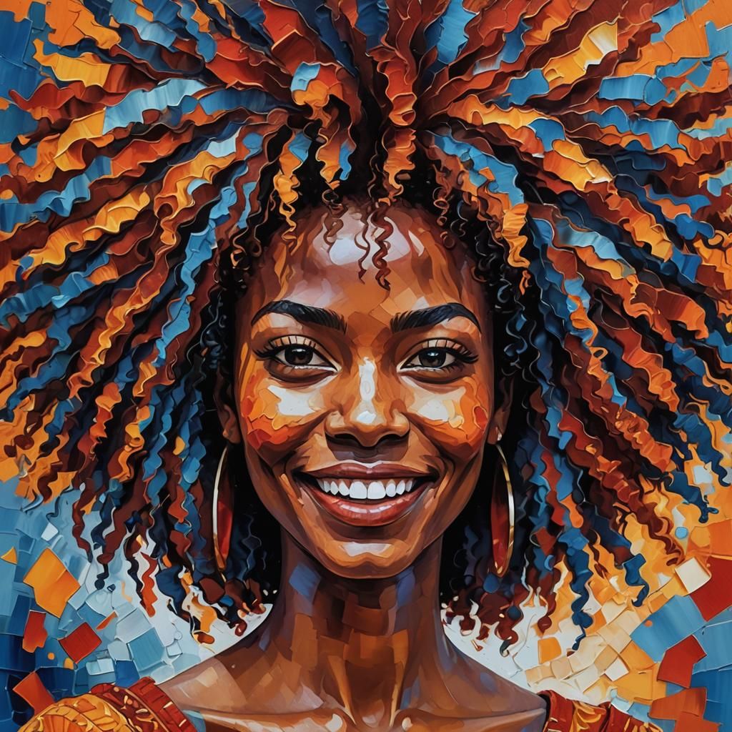 Neo-Impressionistic Portrait of a Smiling Afro Lady