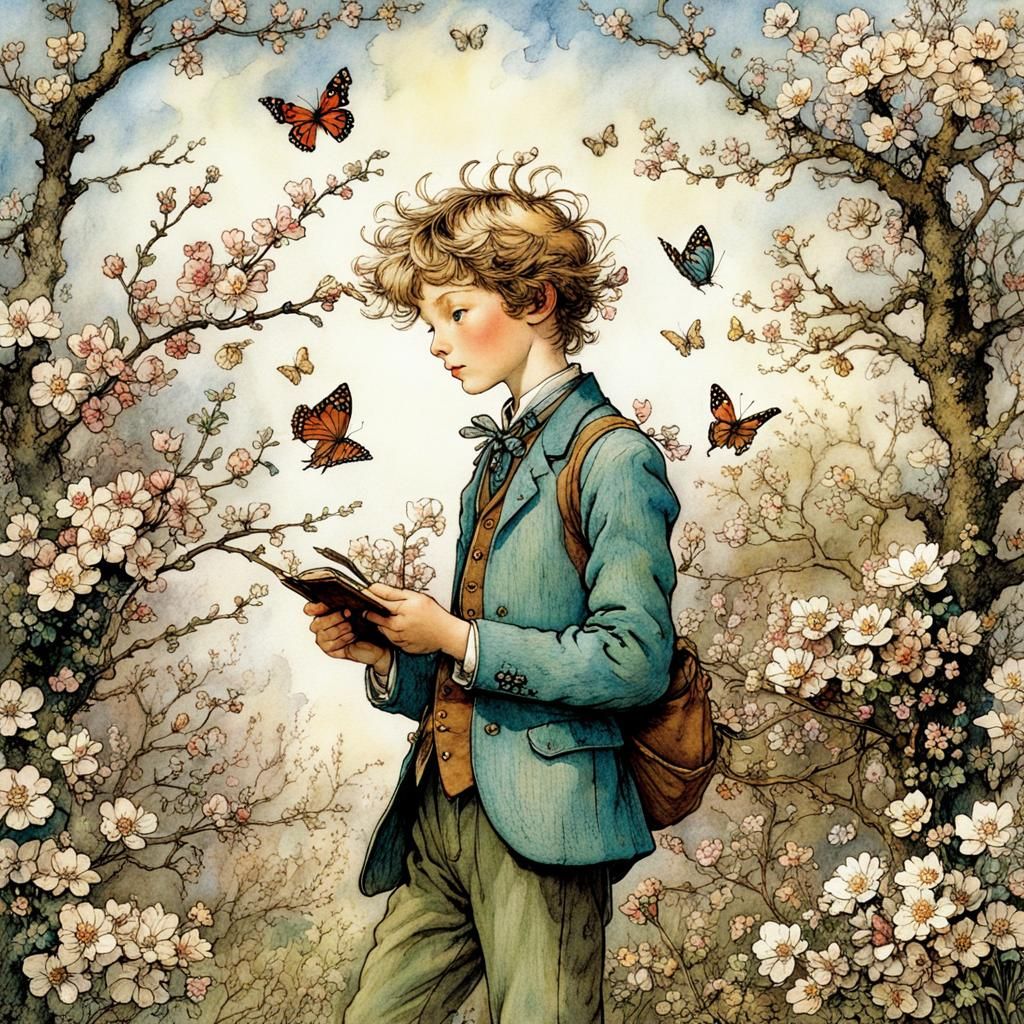 Boy with Blossoms and Butterflies Illustration