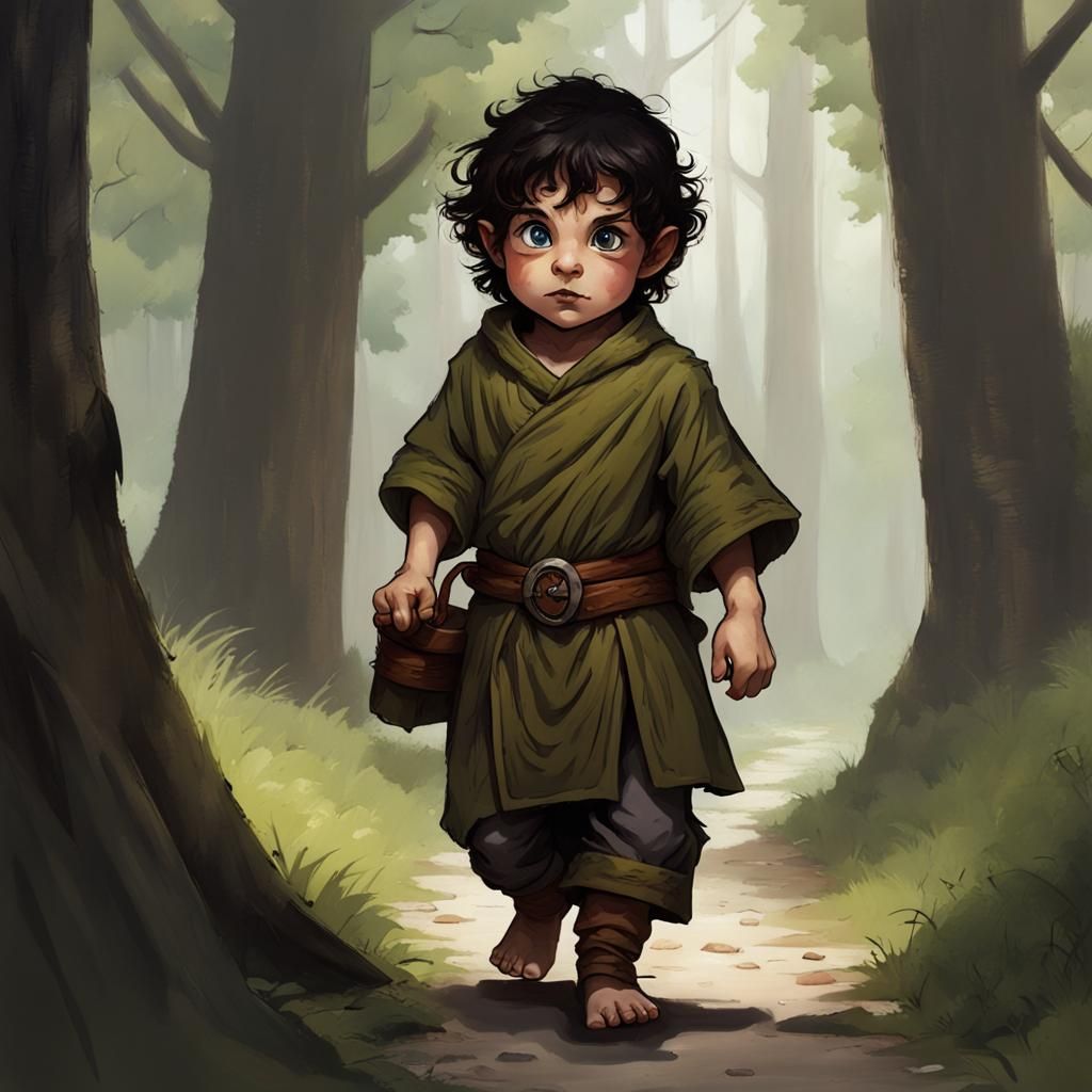 Halfling monk dark hair urchin entering the woods