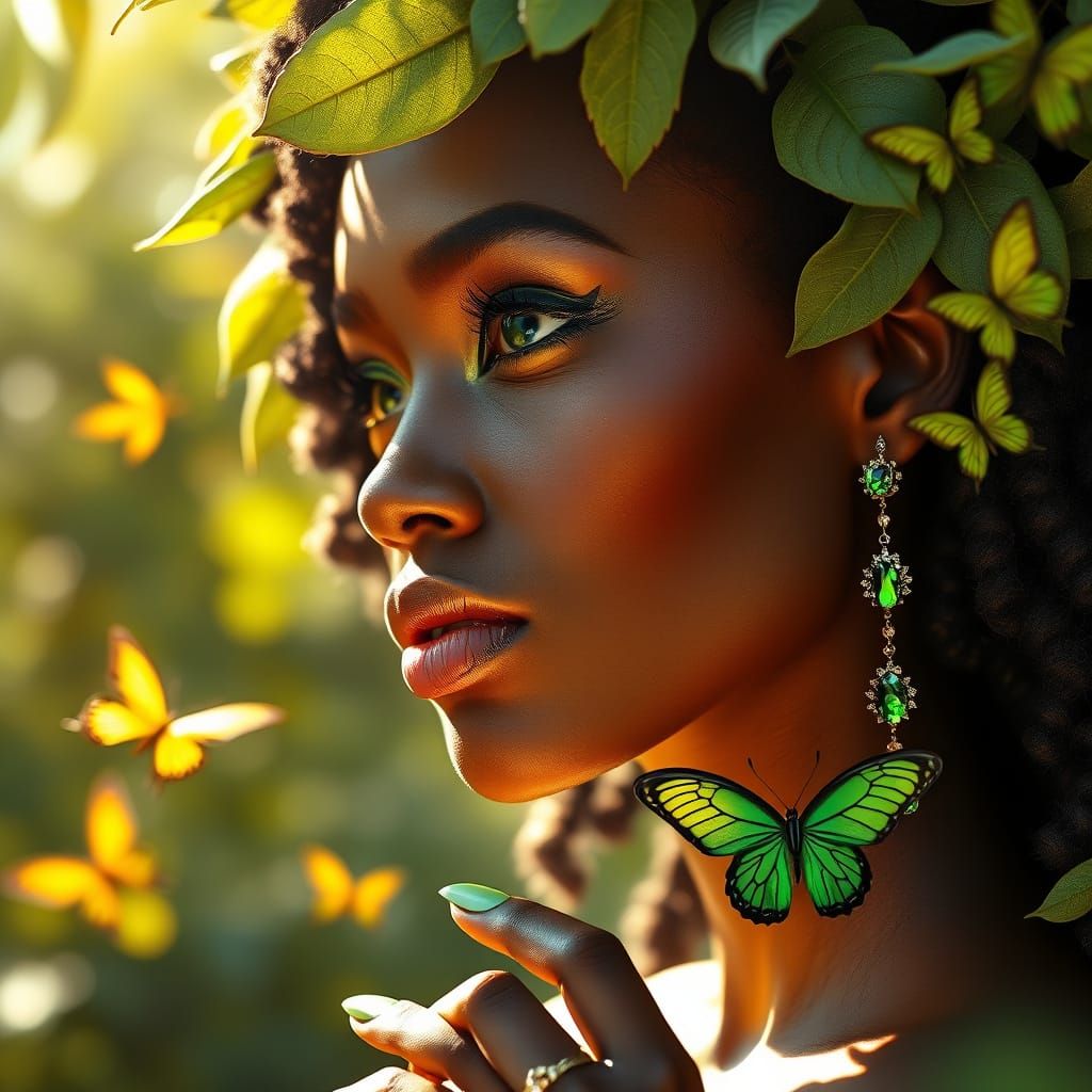 Ethereal African Woman with Leaf Hair in Sunlight