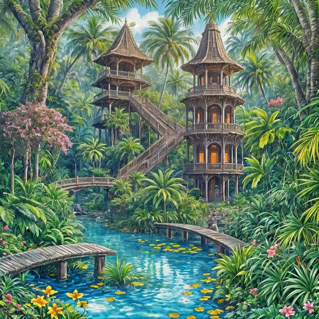 Lush Mangrove Cityscape in Ink Painting Style