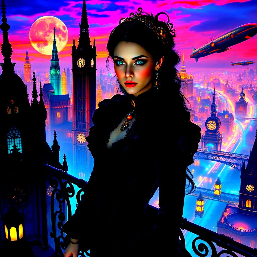 Gothic Woman Overlooks Neon Steampunk Cityscape