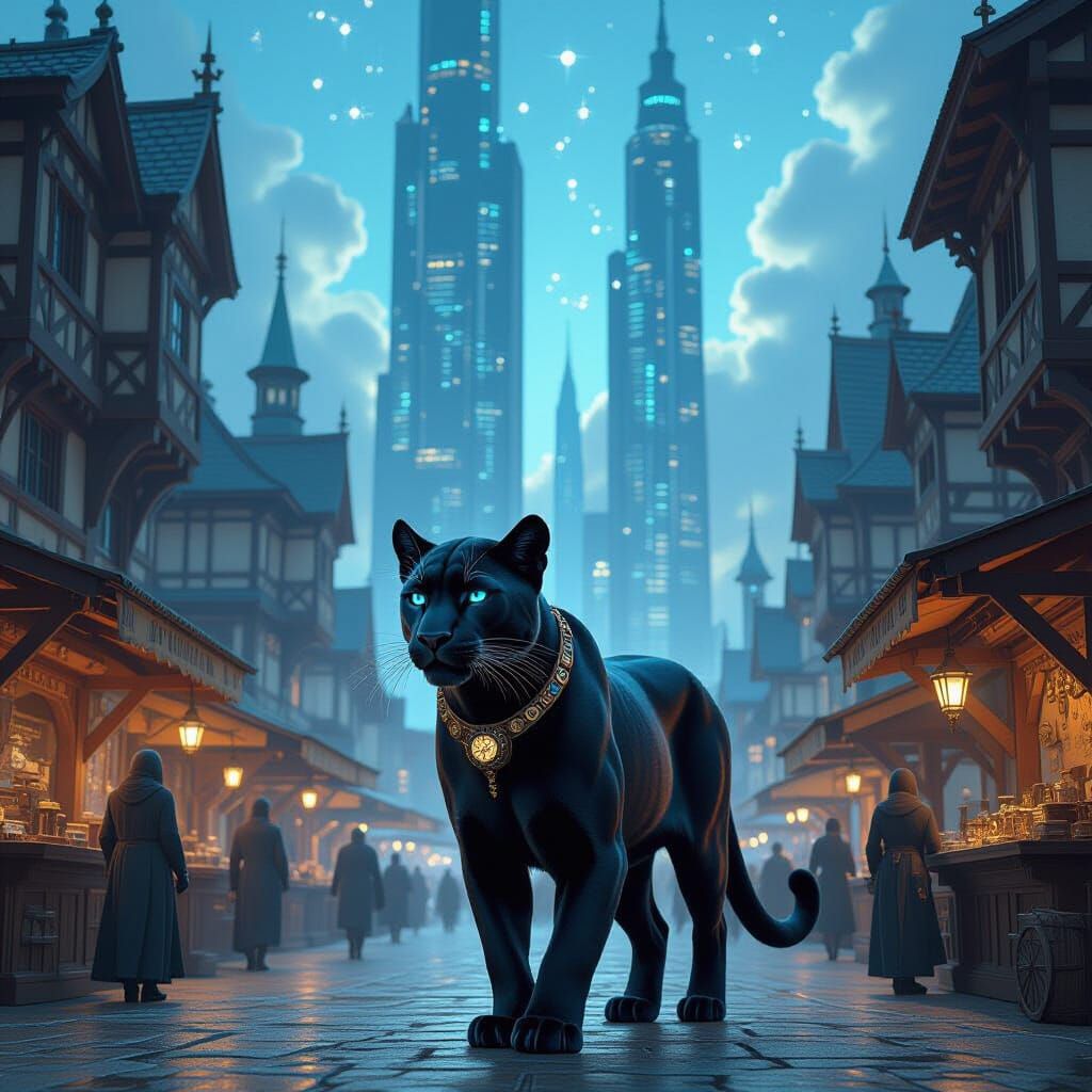 Bioluminescent Panther in Steampunk Marketplace