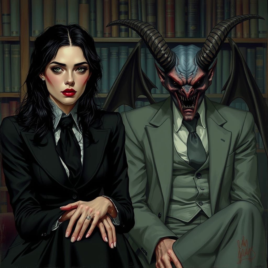 Dark Haired Woman Meets Female Demon in Mysterious Library S...