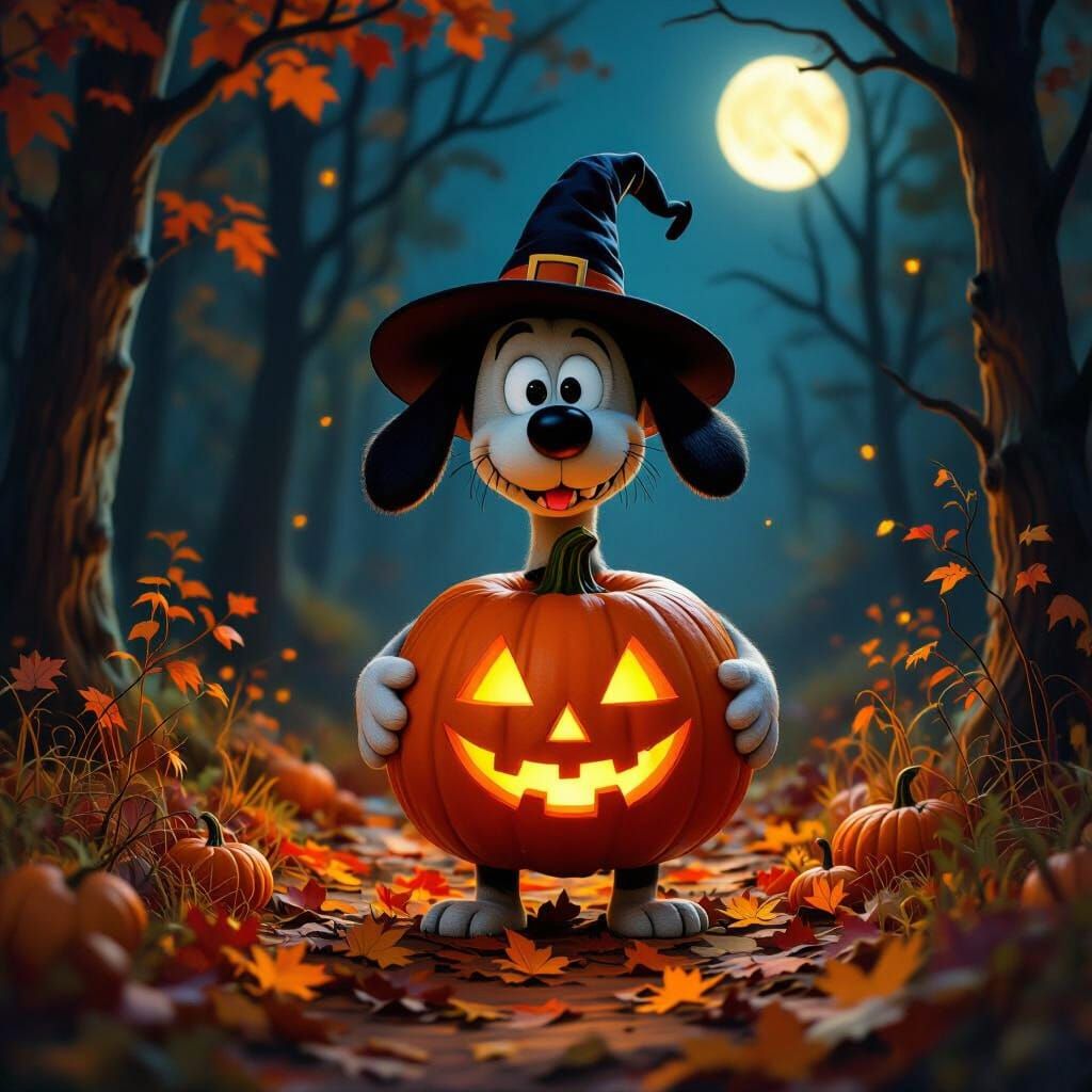 Whimsical Pumpkin Dog in Enchanted Autumn Forest