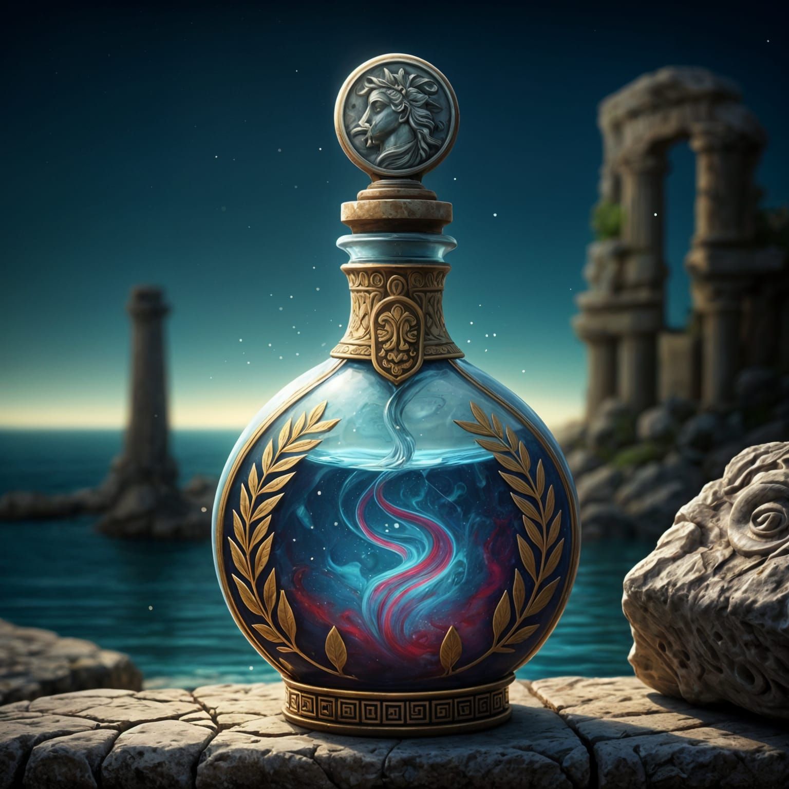 Ornate Greek Potion Bottle with Azure Liquid