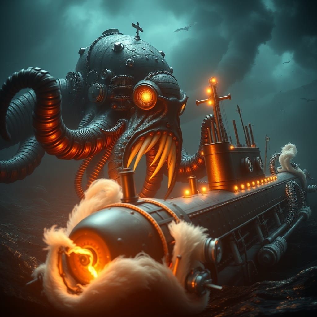 Steampunk Kraken Battles Dieselpunk Submarine