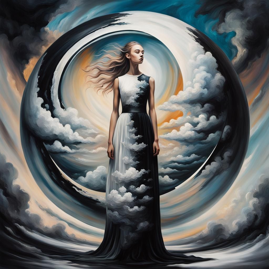 Surreal Girl in Mystical Orb: Oil Painting Style