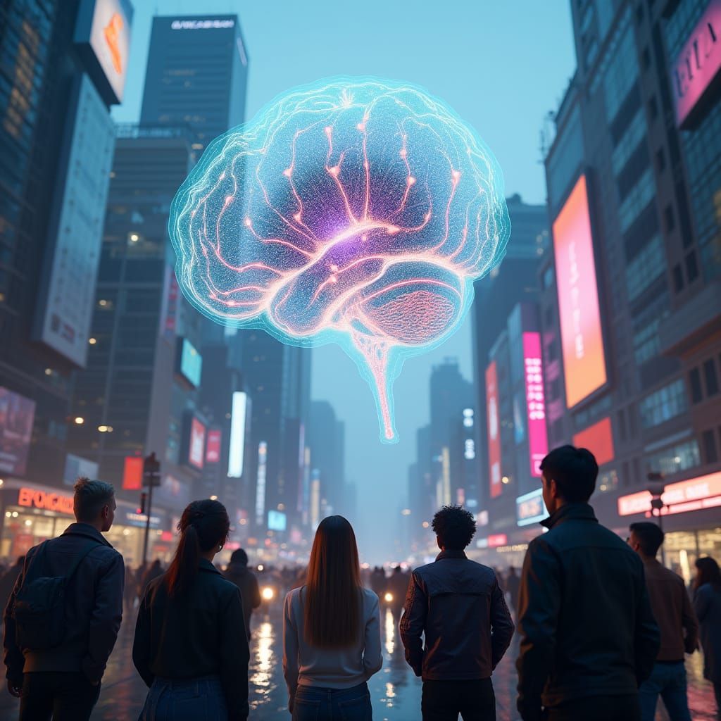 Cyberpunk Cityscape with Holographic Ad