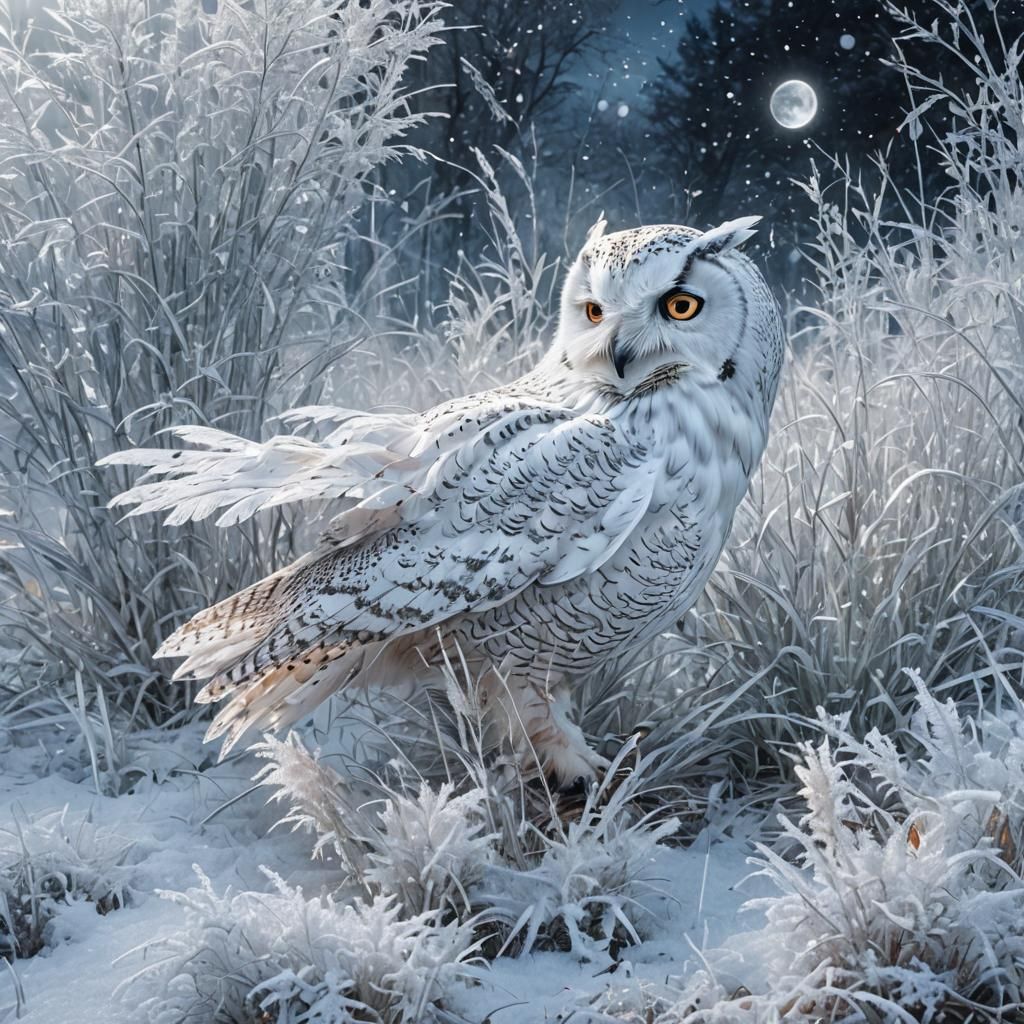White Owl on Snowy Grass in 3D Digital Art