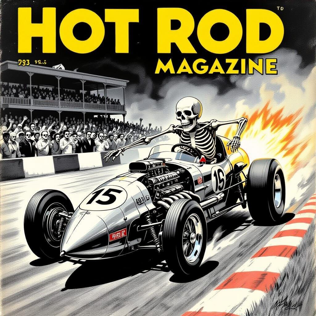 Vintage Hot Rod Magazine Cover Art of Racing Skeleton