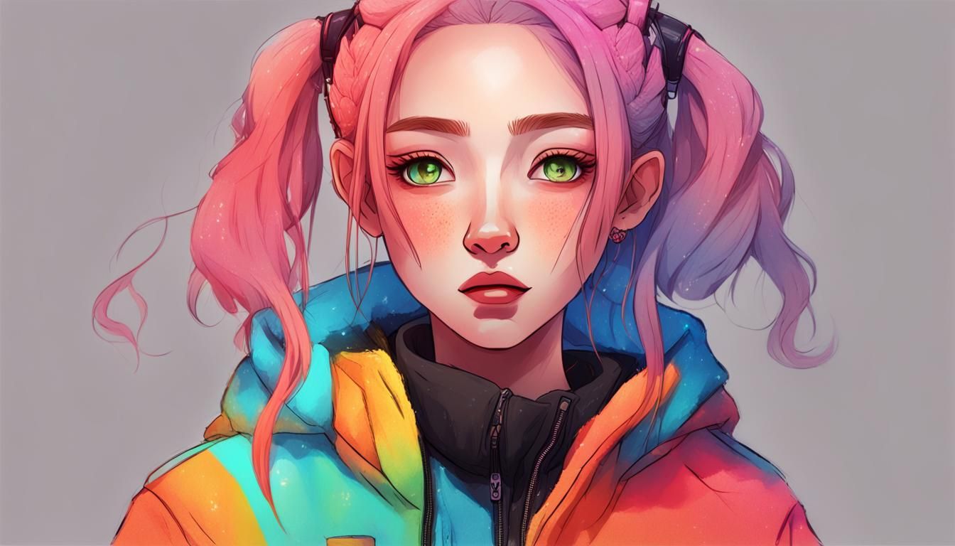 Neon-Haired Girl in Fleece Jacket Sketch