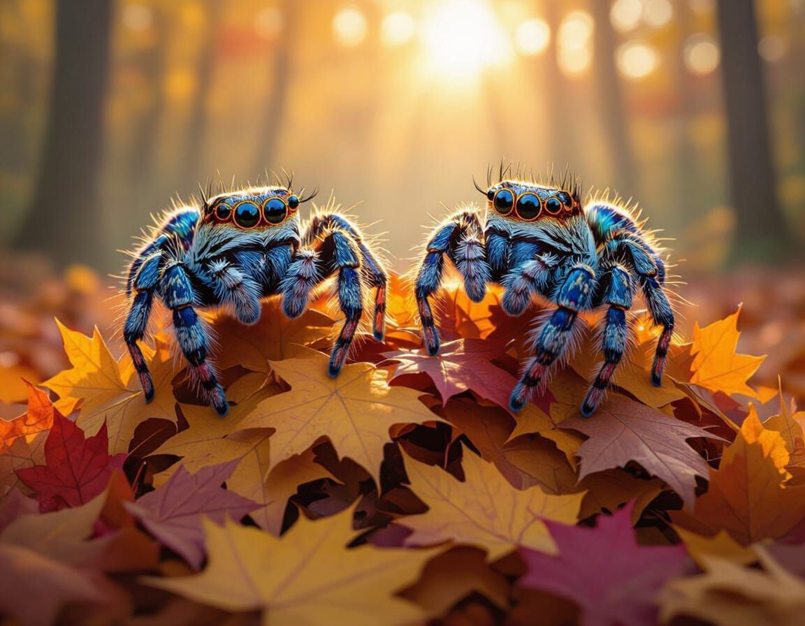 Cute Jumping Spiders on Autumn Leaves in Golden Light