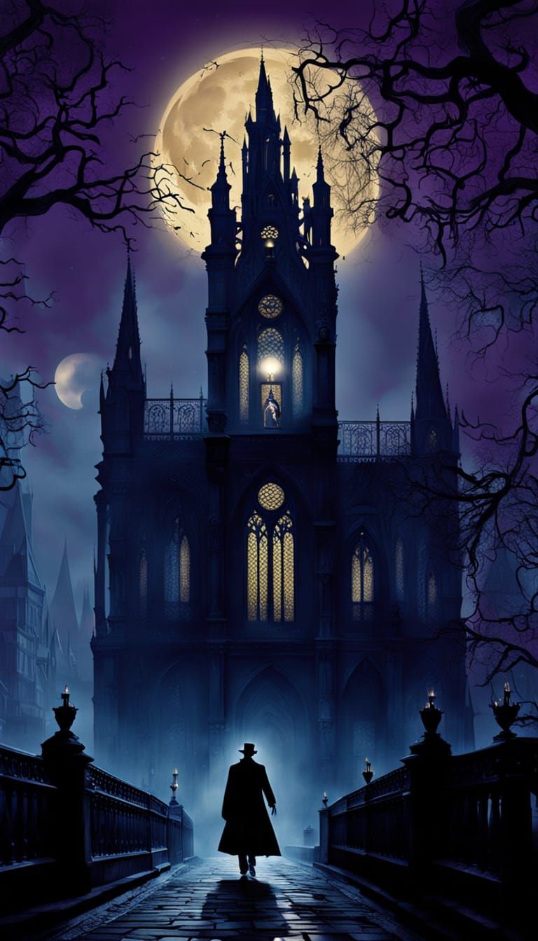 Gothic Vampire Rises Above the Fog-Shrouded City