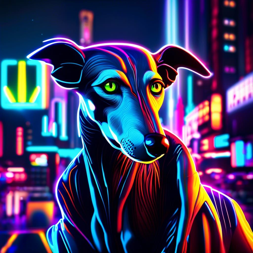 Neon Greyhound Portrait in a Cyberpunk City