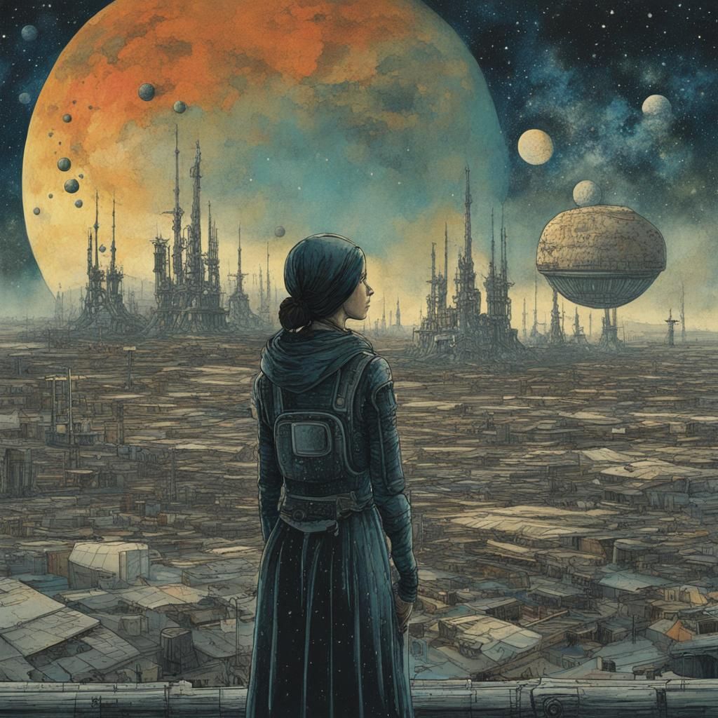 Android Gazing at Futuristic Space Colony