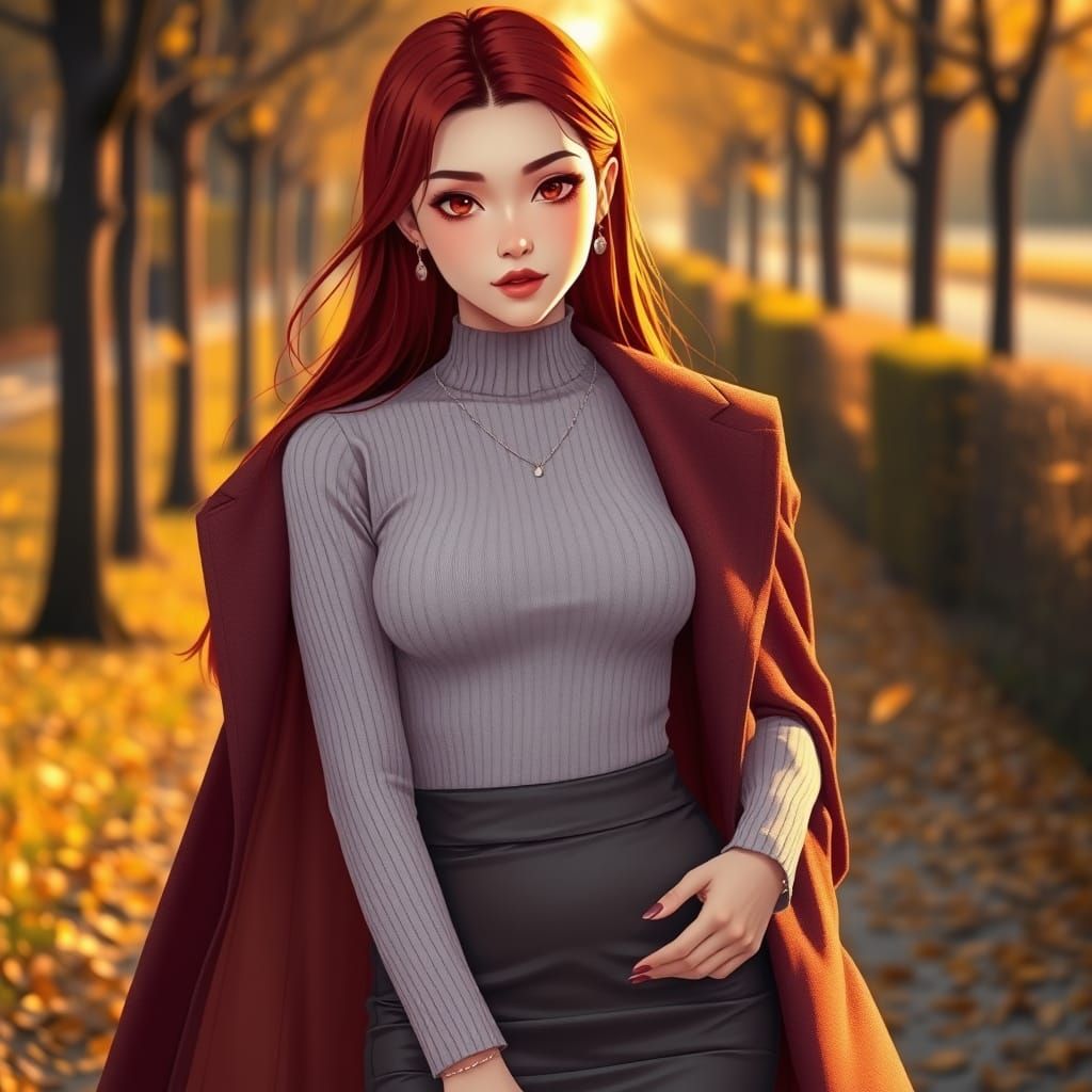 Elegant Anime Woman in Autumn Coat with Red Hair