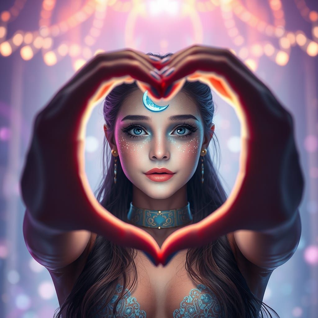 Woman with Crescent Moon Creating Heart Shape
