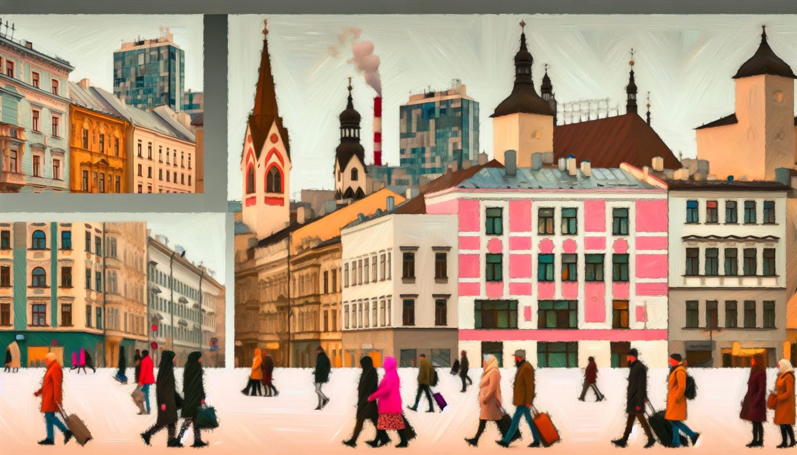 Vibrant City Life: An Oil Painting of a Bustling Street