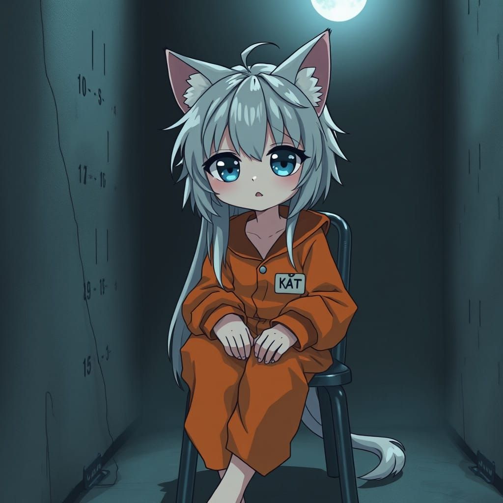 Mournful Anime Catgirl in Solitary Confinement Cell