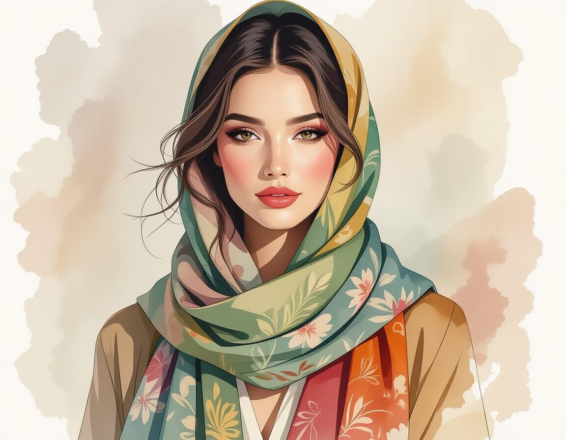 Elegant Woman in Flowing Scarf: Modern Illustration
