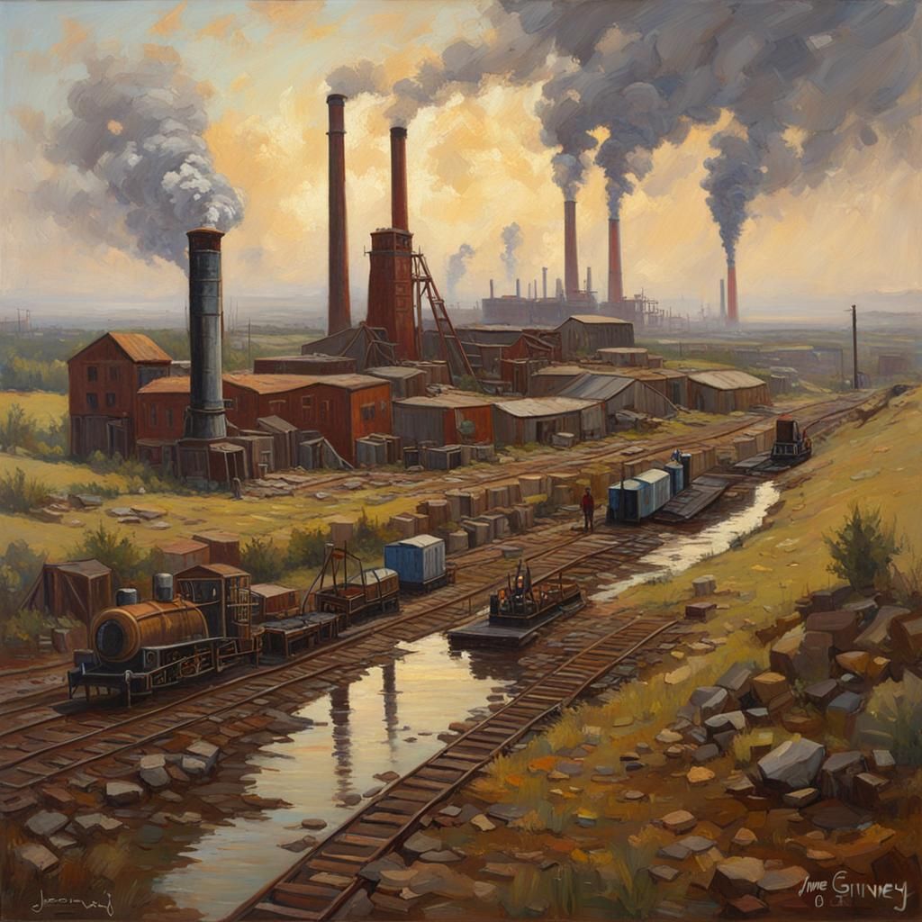 Industrial Revolution Landscape in Oil Painting Style