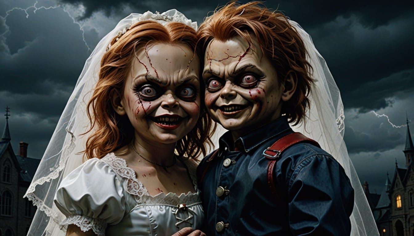 Chucky and Bride of Chucky Wedding in Gothic Horror Style