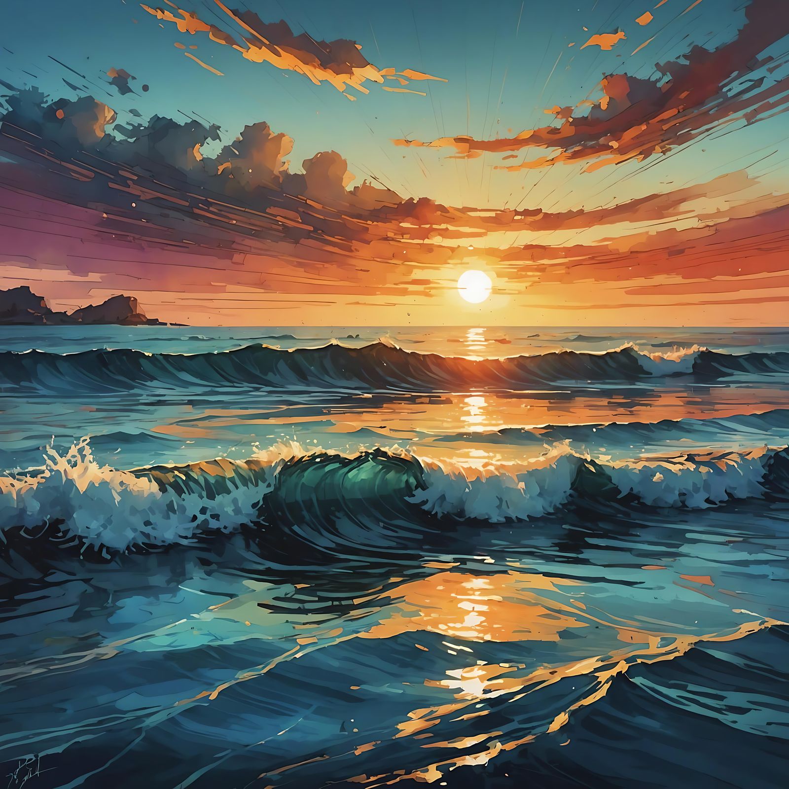 Vibrant Sunset Summerscape in Digital Watercolor Style