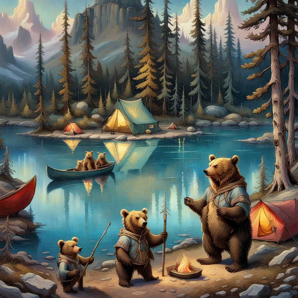 Bear Family Camping: Hyperdetailed Illustration by Arthur Ra...