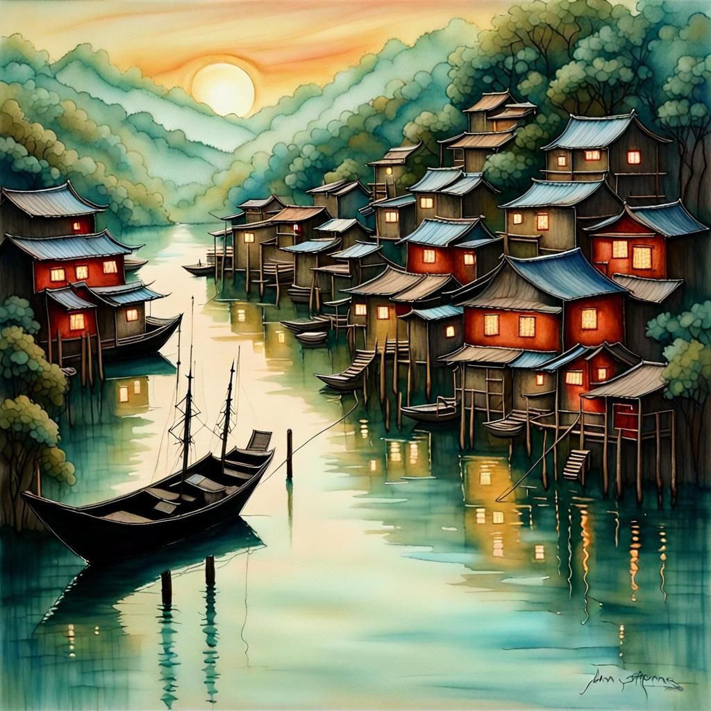 Ethereal Asian Fishing Village in Mixed Media