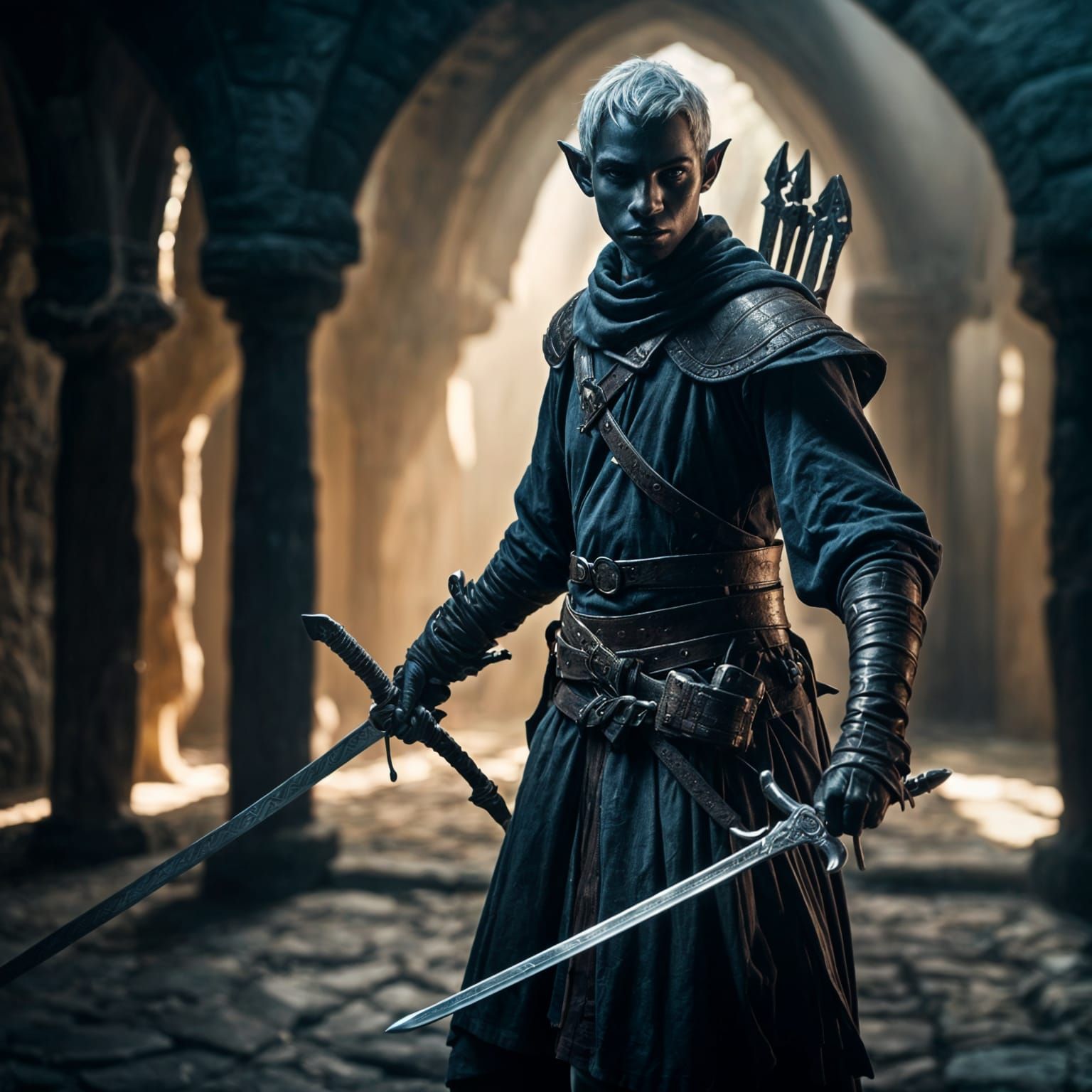 Drow-Elf Squire Training with Sword and Dagger