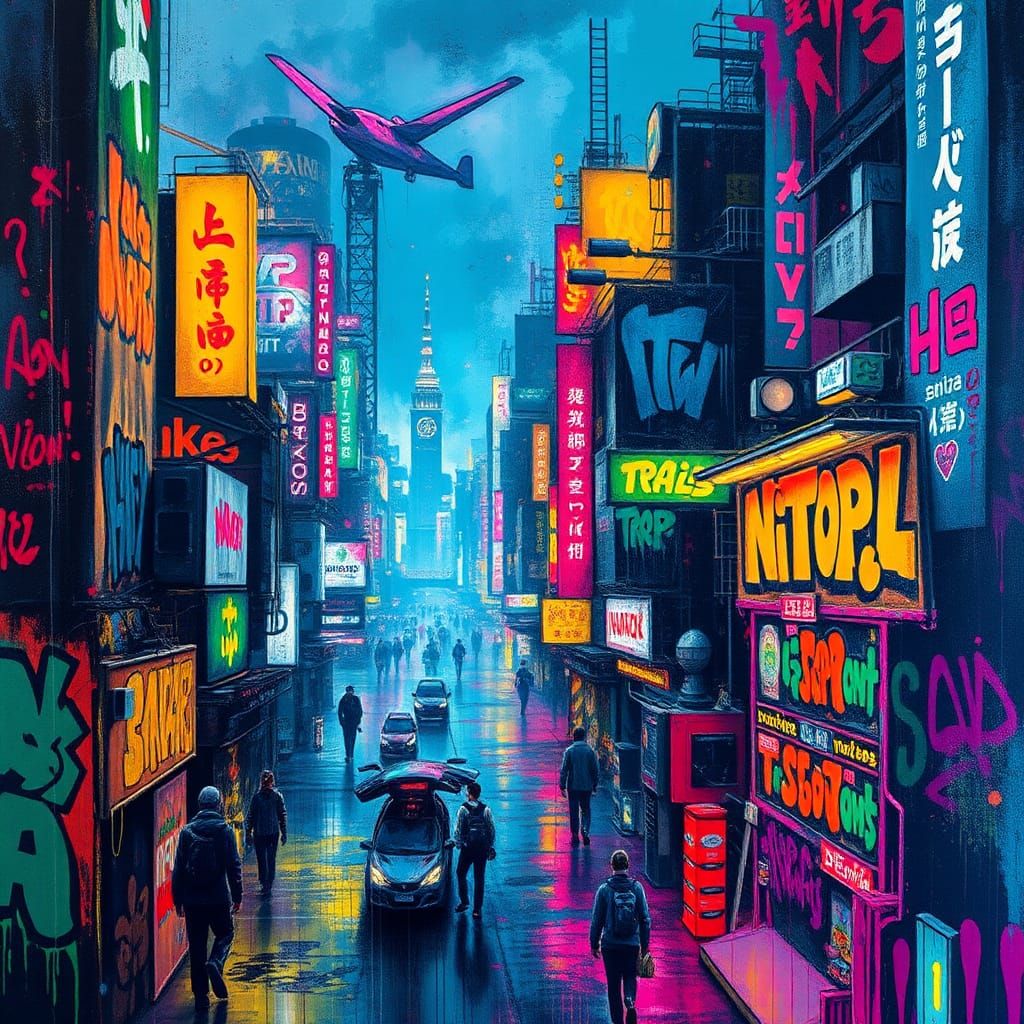 Neon Lights Illuminate Dystopian Cyberpunk Cityscape