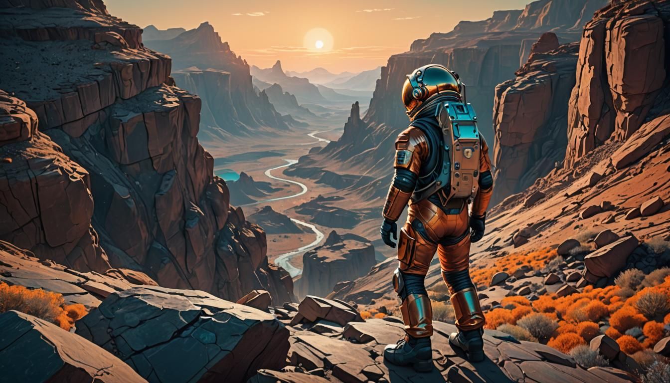 Astronaut Overlooking Alien Landscape in Art Nouveau Style