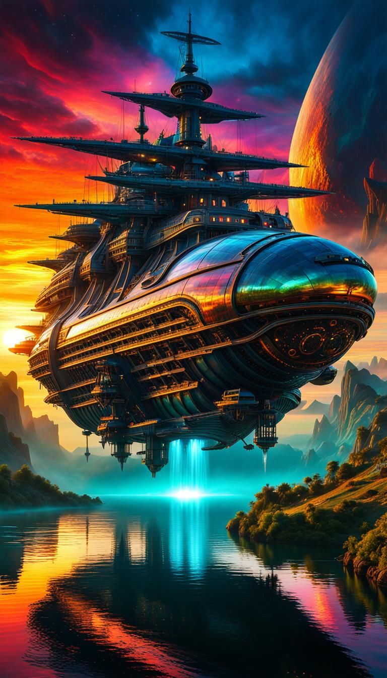 Futuristic Pirate Ship Over Middle-Earth Sunset