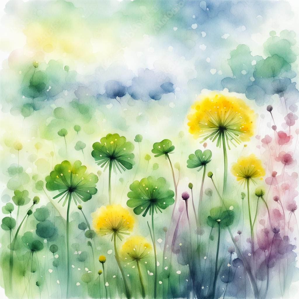 Romantic Watercolour Field of Clovers and Dandelions