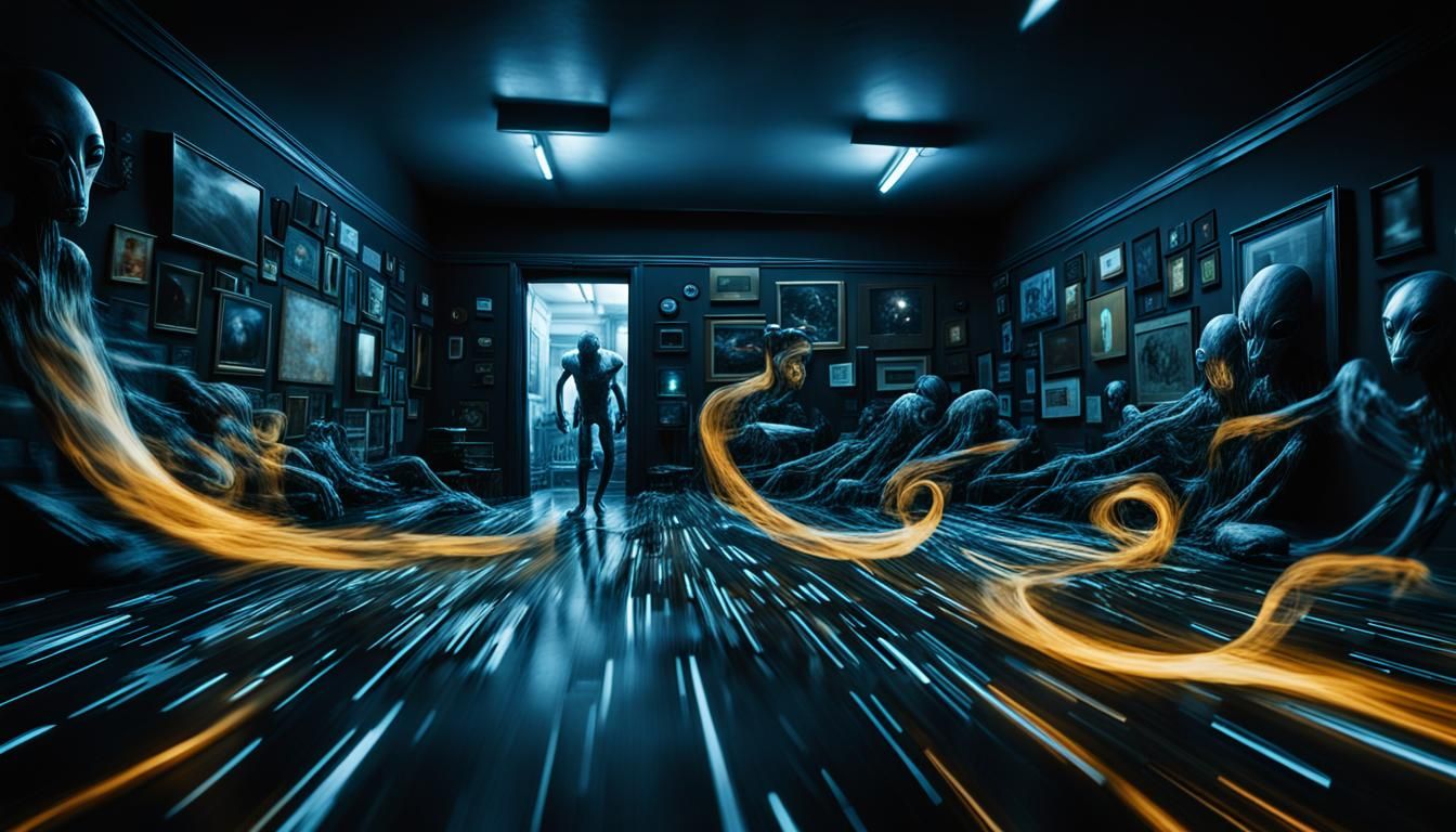 Eerie Alien Room with Glowing Artifacts and Motion Blur