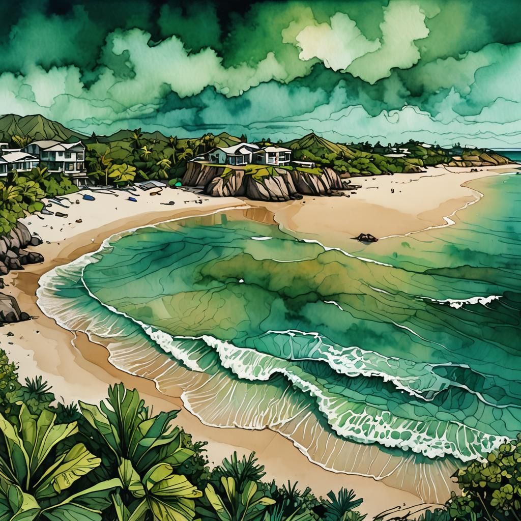 Mexican Beach Scene: Alcohol Ink Sketch Illustration