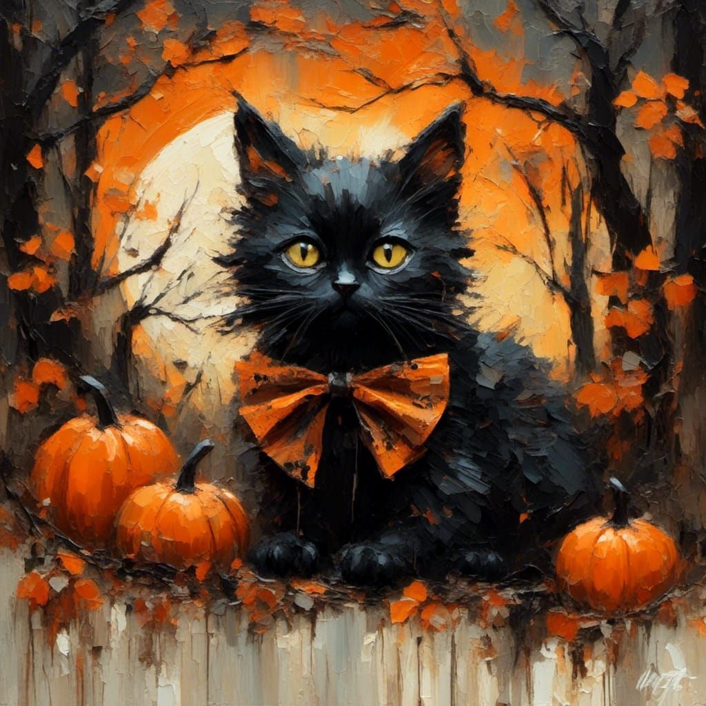 Halloween Black Cat in Whimsical Storybook Style