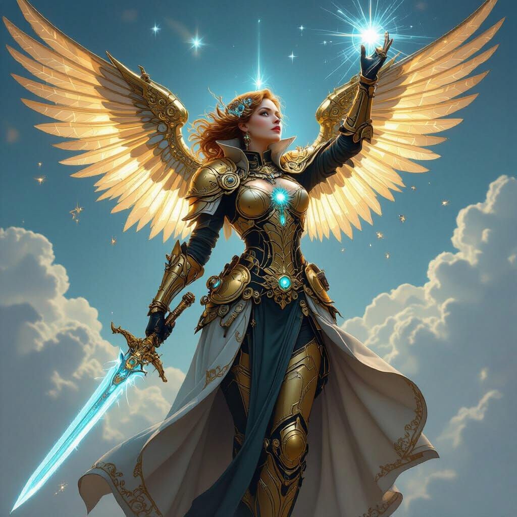Steampunk Angel with Clockwork Armor and Shining Sword