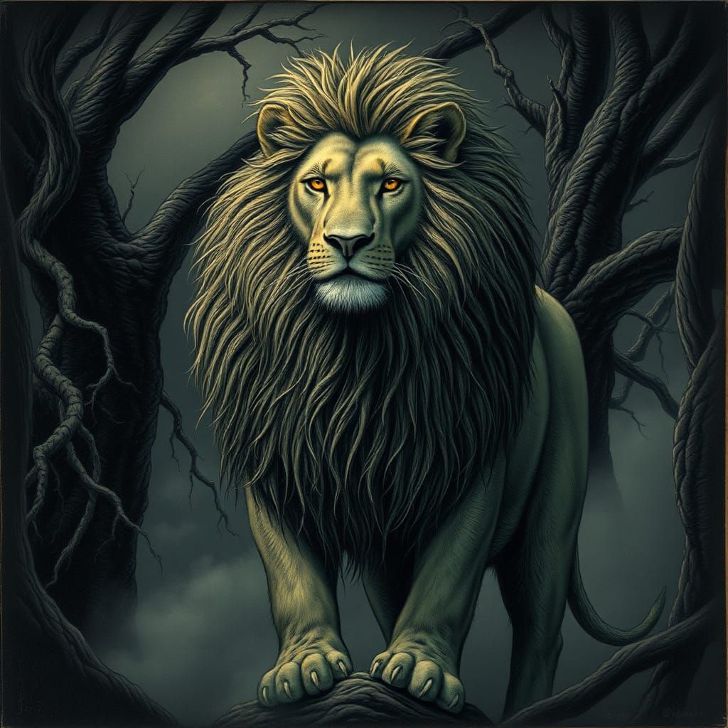 Aslan in Mystical Forest, Dark Fantasy Art