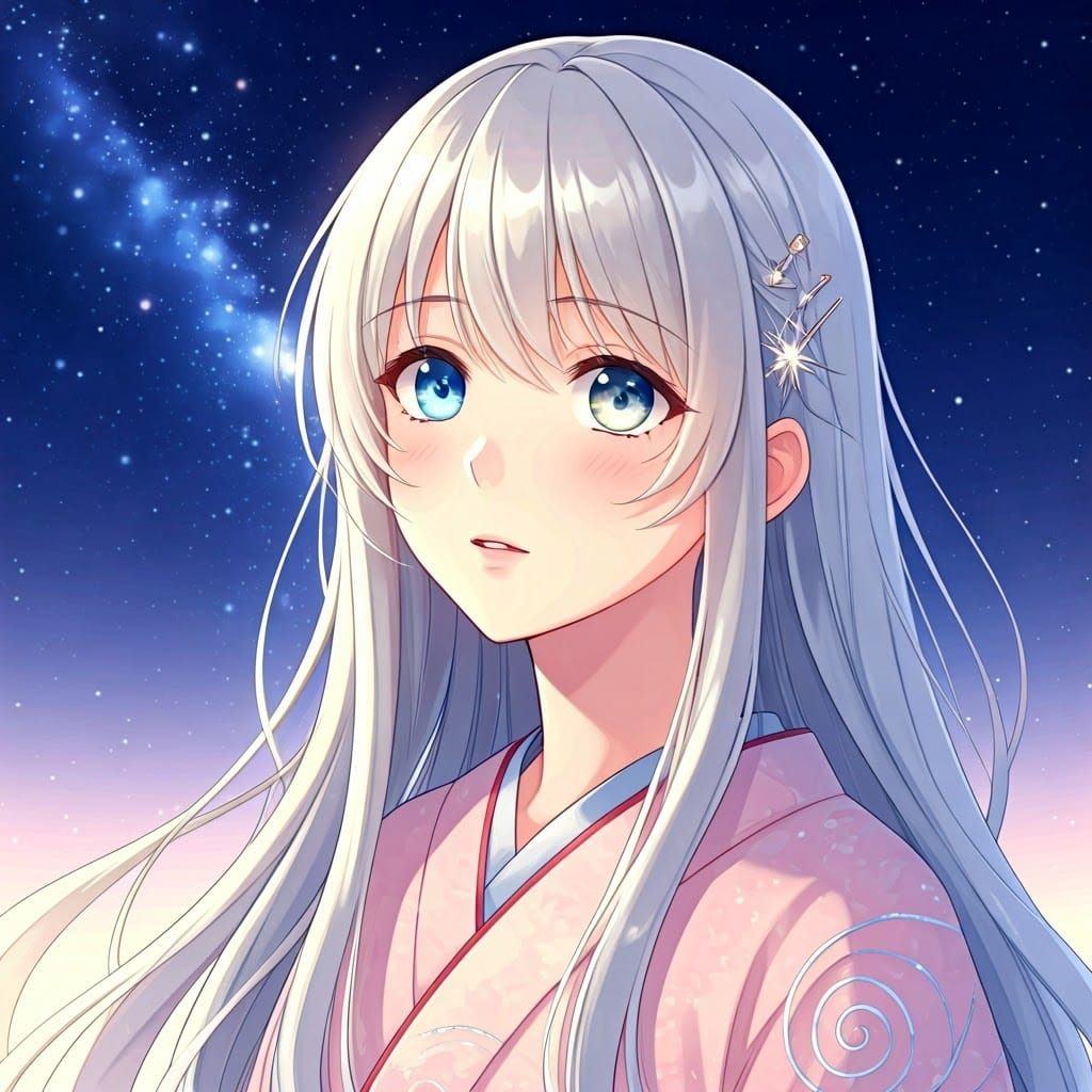 Anime Girl Gazing at Starry Night Sky with Heterochromia Iri...