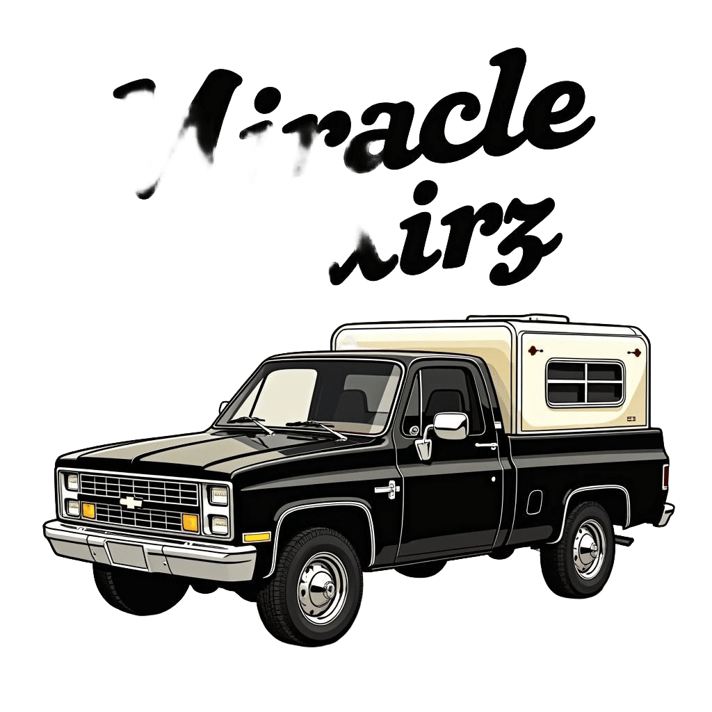 Retro Cartoon Logo Featuring Chevy S10 and Camper