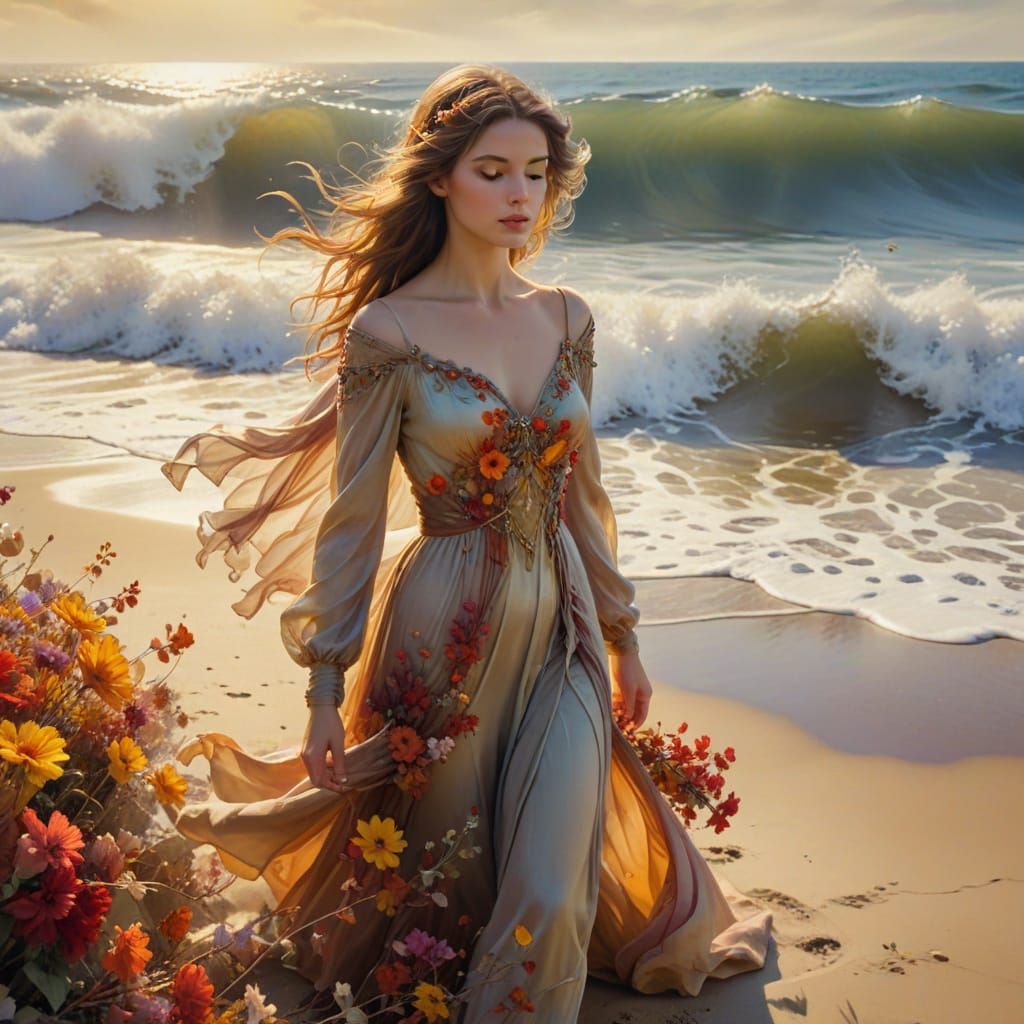 Autumn Princess on Beach with Waves, Watercolor Style