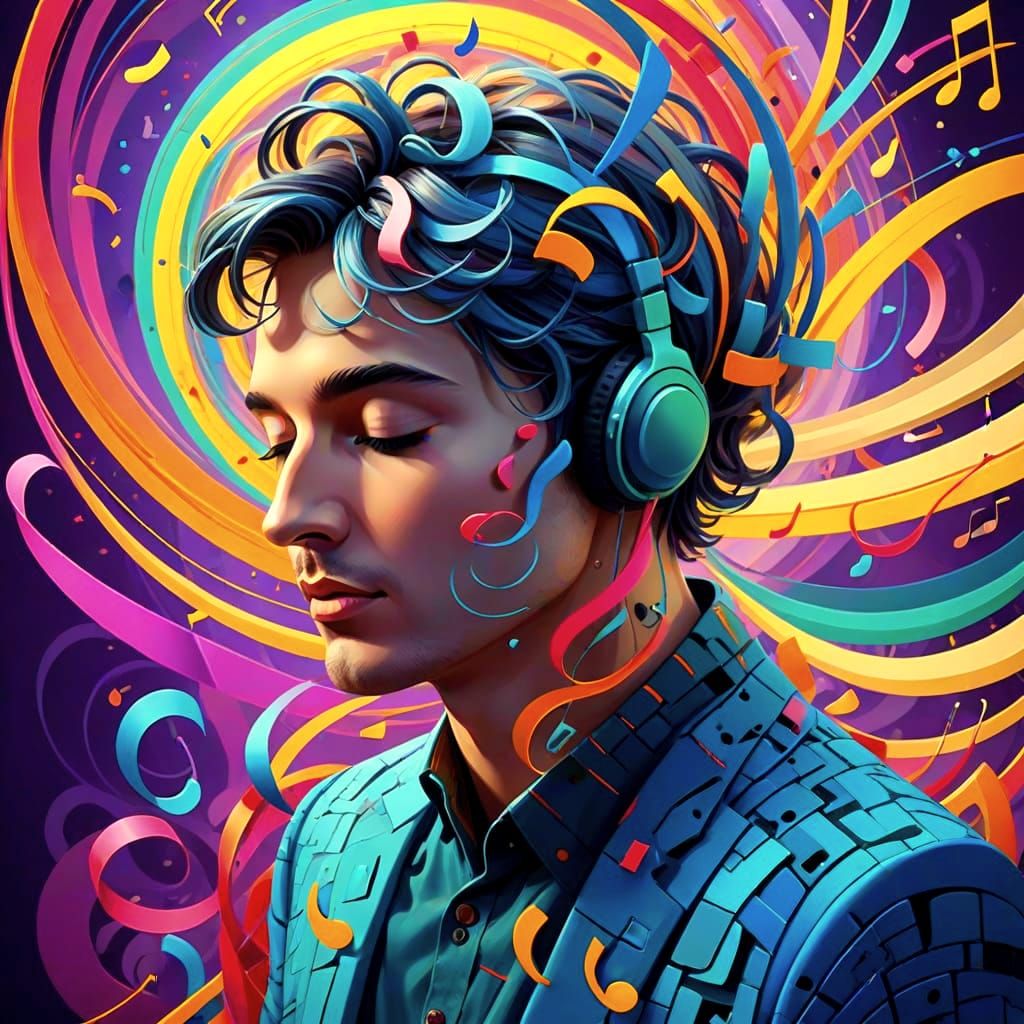 Psychedelic Musical Calligram with Swirling 3D Elements